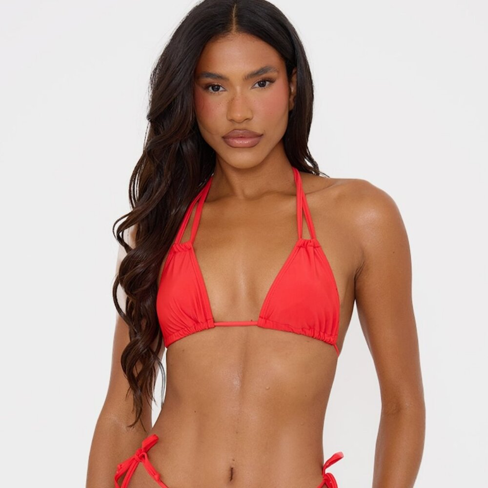 NWT PrettyLittleThing Red Mix & Match Halterneck Mini Ruched Triangle Bikini Top